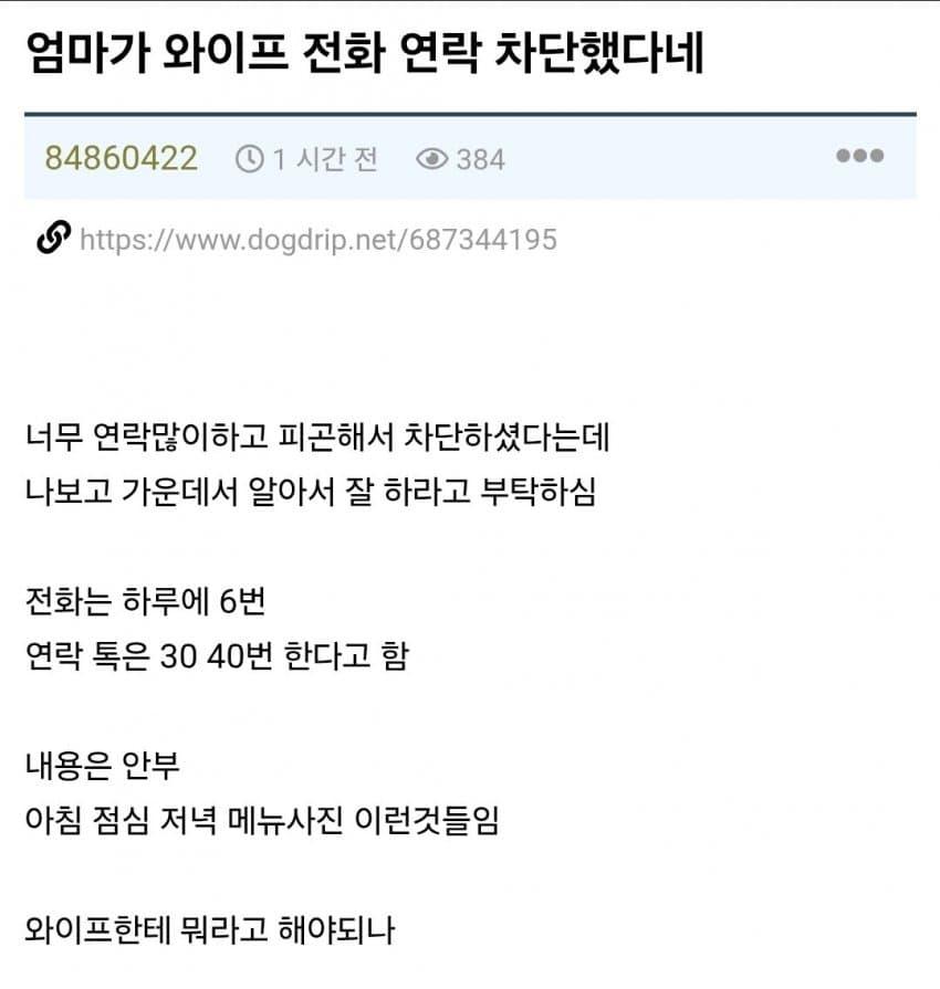 엄마가 와이프의 전화 연락을 차단했다네